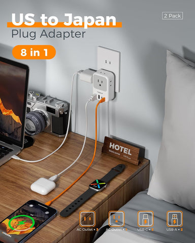 TESSAN US to Japan Plug Adapter 2 Pack, 2 Prong to 3 Prong Outlet Adapter