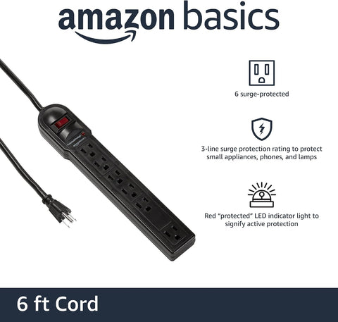 Amazon Basics Surge Protector Power Strip, 6-Outlet, 790 Joules, Circuit Breaker, LED Indicator Light, 6ft Extension Cord, Black