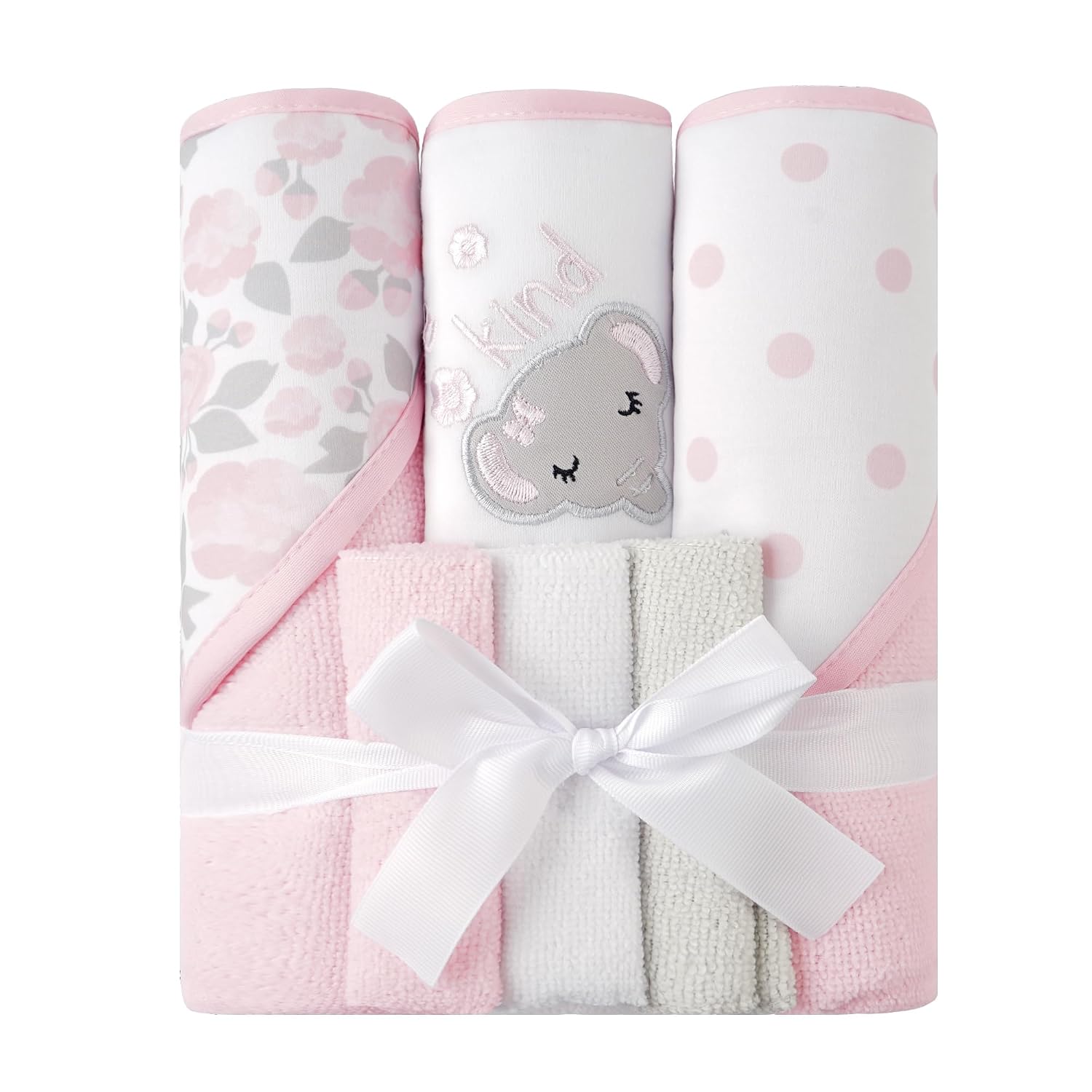Viviland Baby Towels and Baby Wash Cloths Set Hooded Baby Towels Baby Wipes Absorbent Bath Face Towels Burp Cloths or Face Towels for Girl Boy 6-Pack Size 28 x 28 Inch(Elephant Flower)
