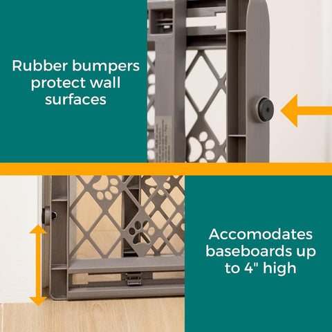 MYPET Paws Portable Pet Gate: 26-40" Wide Expandable, Pressure Mounted No Tools Needed, Durable Dog Gate for Doorways, Made in USA, 23" Tall, Fieldstone Gray