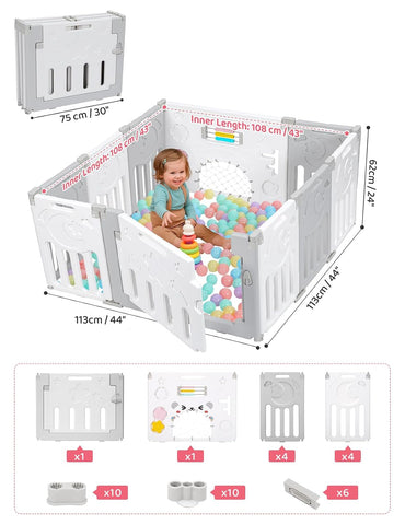 Baby Playpen, 10-Panel Foldable Play Pen for Babies 6-12 Months, Grey White