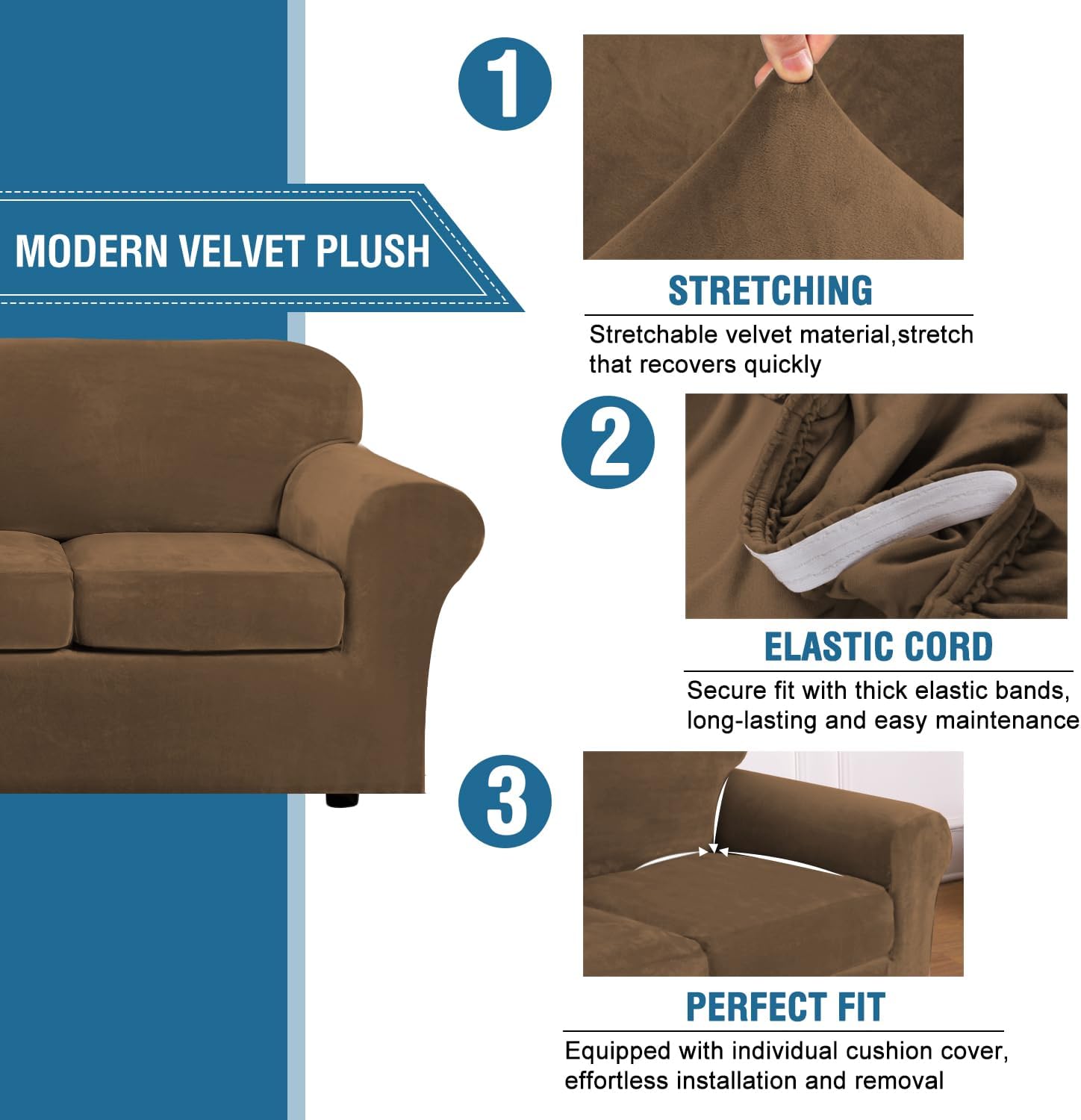 H.VERSAILTEX Rich Velvet Stretch 2 Piece Cover Chair Slipcover Sofa Cover Furniture Protector Couch Soft with Elastic Bottom Chair Couch Cover Width Up to 49 Inch (Chair, Bronze Brown)