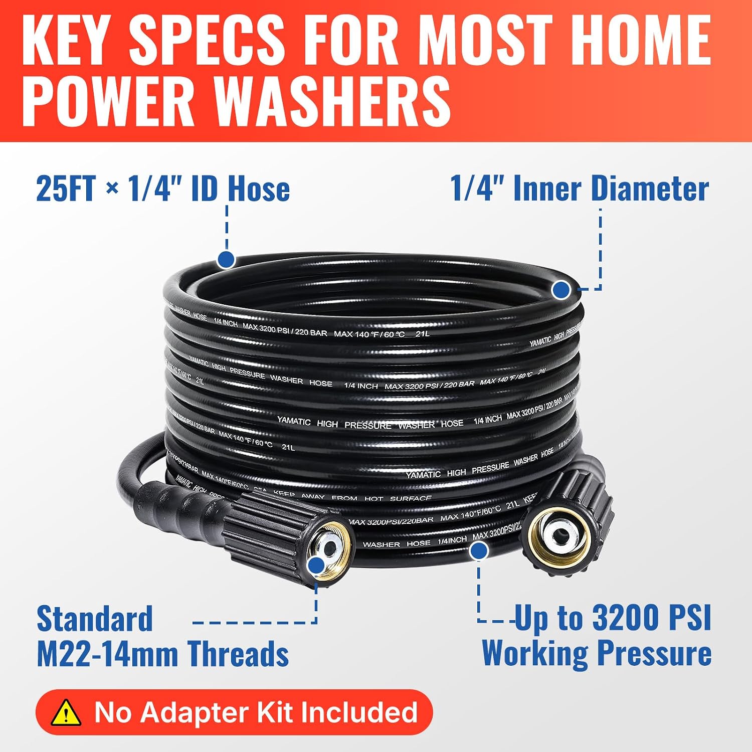 YAMATIC Pressure Washer Hose 25 FT 1/4", M22-14mm Females