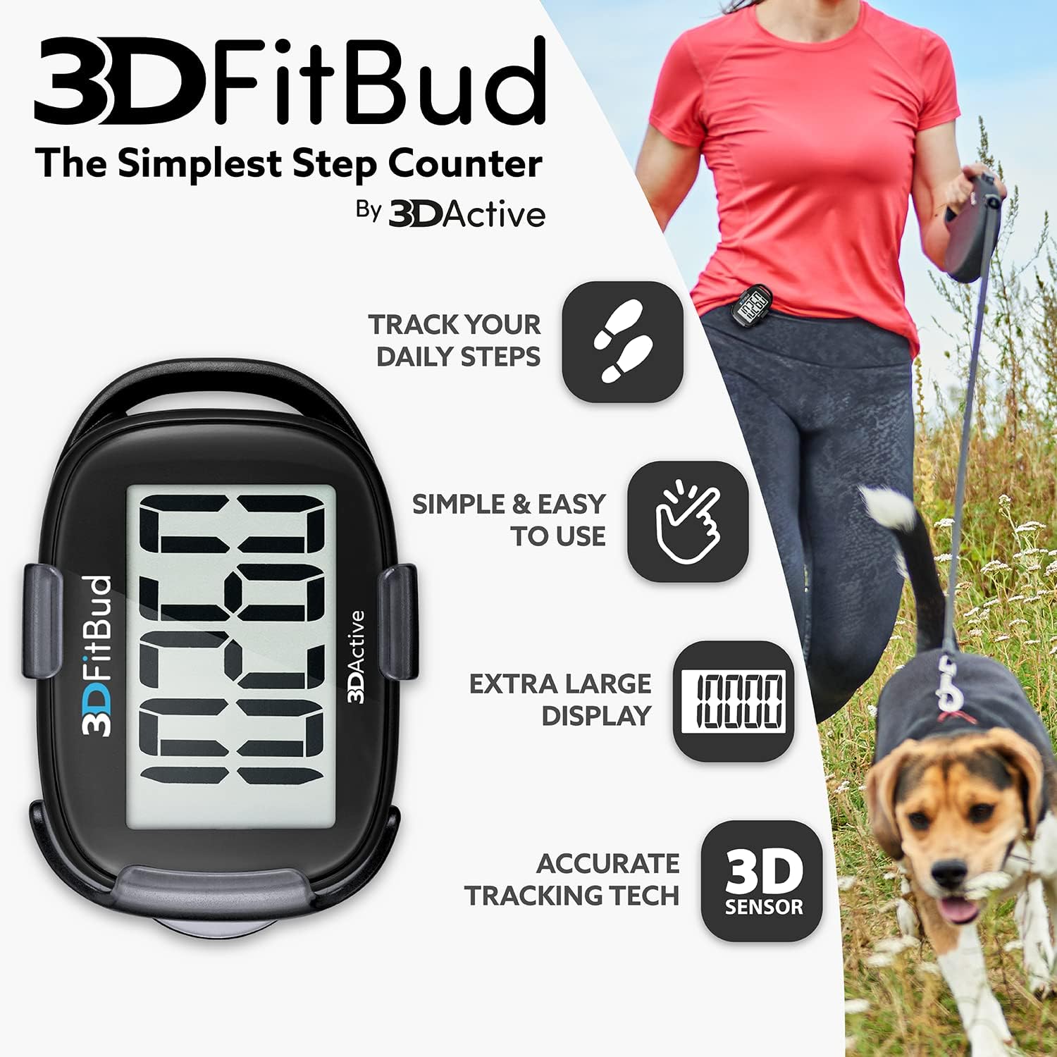 3DFitBud Simple Step Counter Walking 3D Pedometer by 3DActive with Clip, Lanyard Accurate Step Tracker Large Display, Easy to Use for Kids Men Women Adult Seniors Daily Step Tracking - A420S