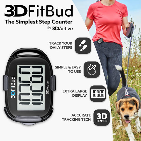 3DFitBud Simple Step Counter Walking 3D Pedometer by 3DActive with Clip, Lanyard Accurate Step Tracker Large Display, Easy to Use for Kids Men Women Adult Seniors Daily Step Tracking - A420S