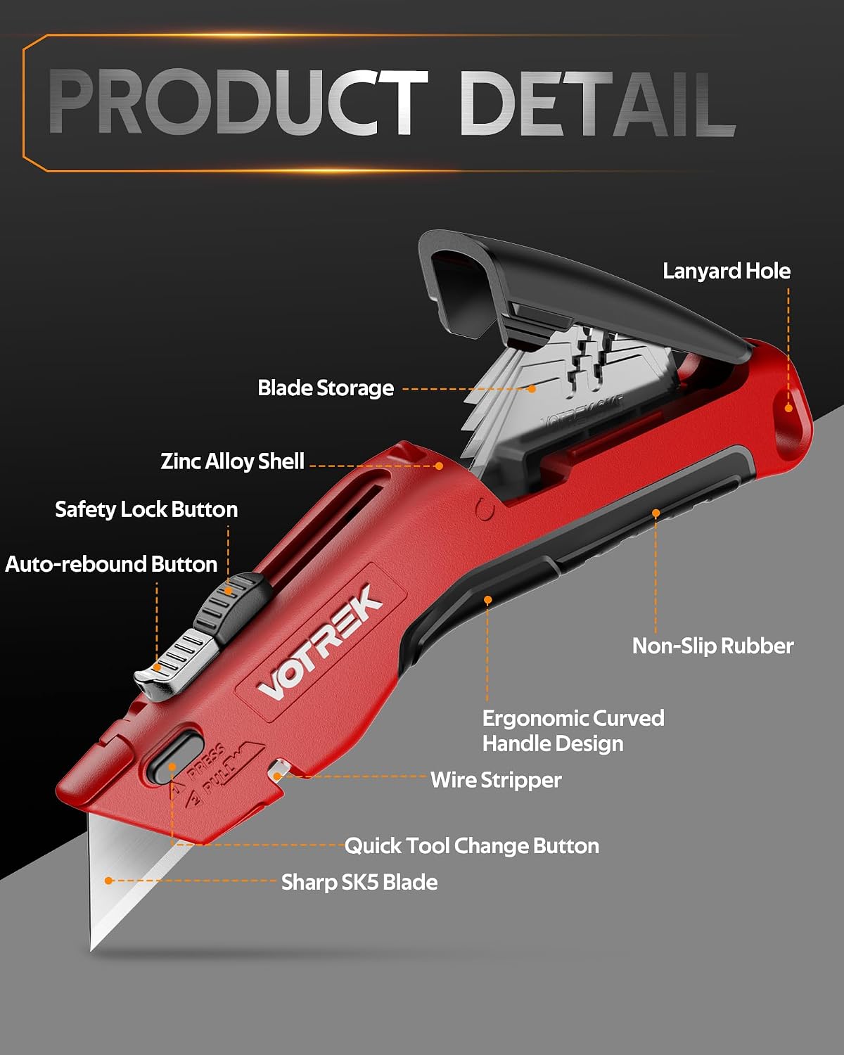 Box Cutter Utility Knife, [2-in-1] Retractable Box Cutter, Safety Heavy Duty Sharp Razor Knife for Home & Warehouse Cardboard, Blade Storage, with Extra Razor & Hook Blades, 2 Pack-Black+Red