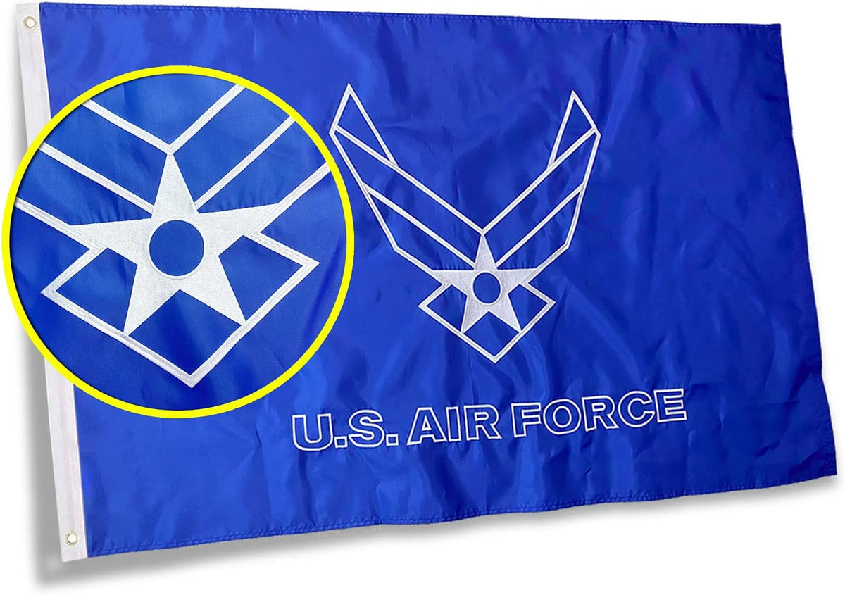 Embroidered US AIR Force Flag 3x5 Ft -Moderate Outdoor Longest Lasting Oxford Nylon,Canvas Header Quadruple Stitched Fly Ends United States military Air Force Flags USAF