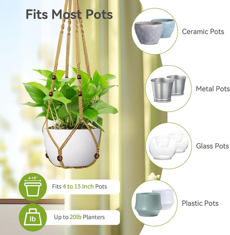USLAI Macrame Plant Hanger, Fits 4 to 15 Inch Pots, 35 Inch, Brown, 2 Pack
