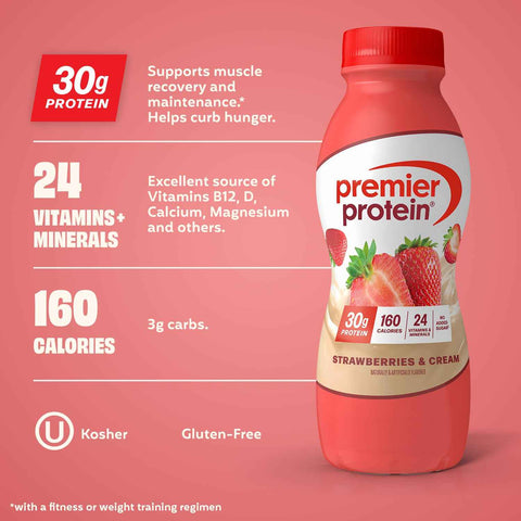 Premier Protein 30g High Protein Shake, Strawberries & Cream, 12 Pack