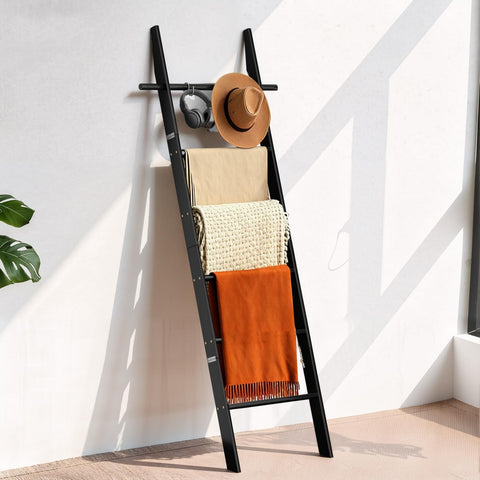 Farmhouse Wooden Blanket Ladder with Removable Hooks Black 6-Tier