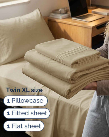Twin XL 3 Piece Sheet Set - College Dorm Room Essentials - Beige