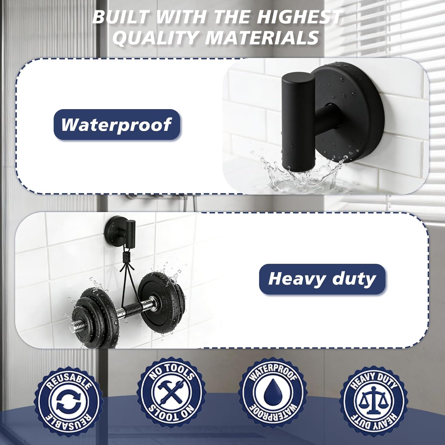 Waterproof No-Drilling Suction Cup Shower Hooks, Matte Black
