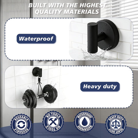 Waterproof No-Drilling Suction Cup Shower Hooks, Matte Black