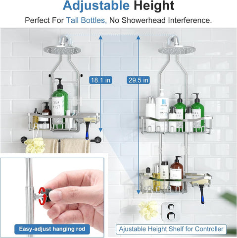 Upgraded Extended Length Shower Organizer with Hooks, Rustproof Shampoo Soap Holder, Large Hanging Bathroom Caddy, Silver