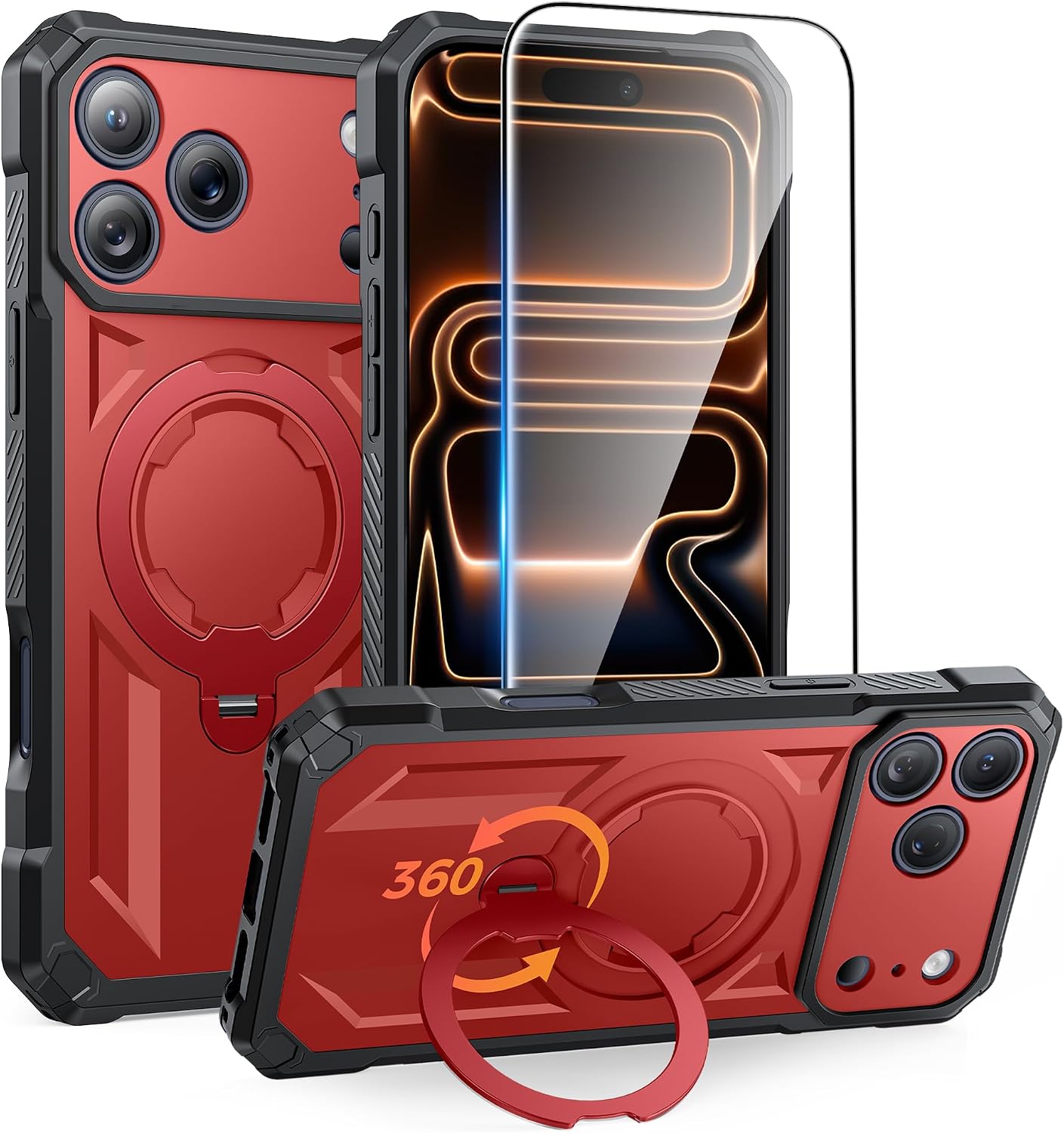 FNTCASE for iPhone 17 Pro Max Case with 360 Spin Magnetic Kickstand Red