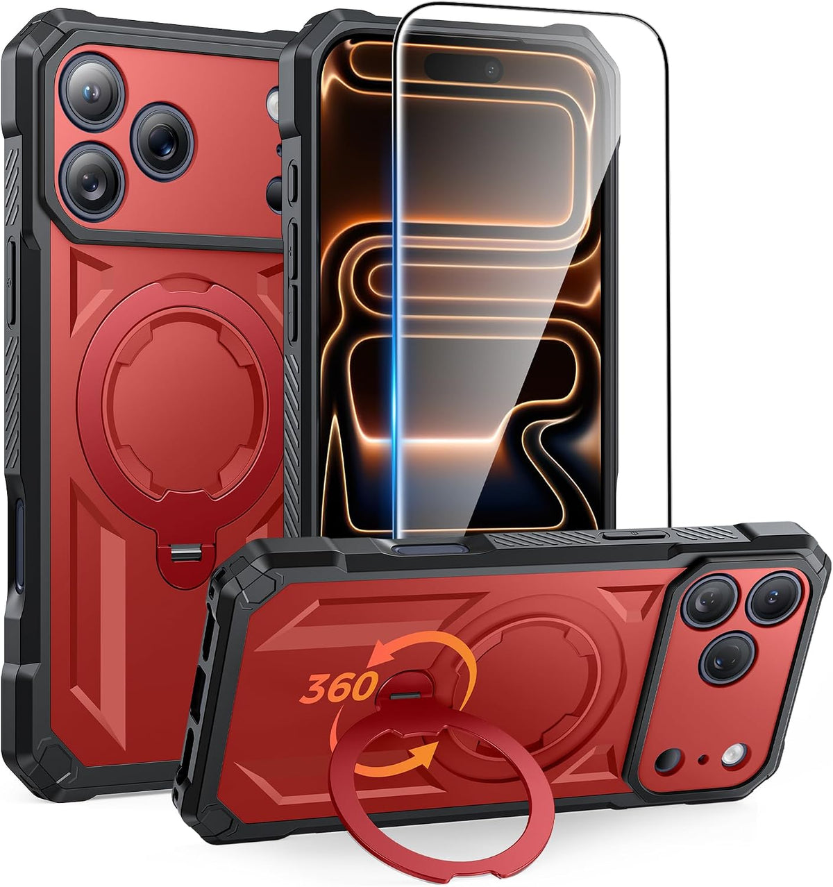 FNTCASE for iPhone 17 Pro Max Case with 360 Spin Magnetic Kickstand Red