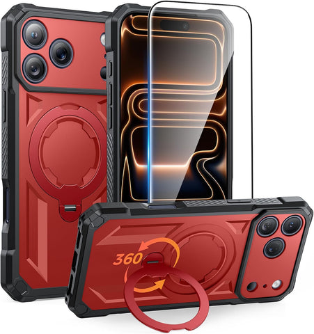 FNTCASE for iPhone 17 Pro Max Case with 360 Spin Magnetic Kickstand Red