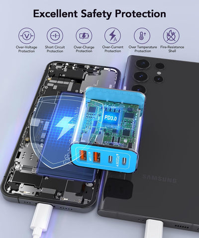 [2-Pack] 40W USB C Charger Block, 4-Port Type C Fast Charging Brick Dual PD&QC Wall Plug Adapter Power Brick for iPhone 13/14/15/16/17/Pro Max Plus/iPad/Airpods/iwatch/Samsung Galaxy (Light Blue)