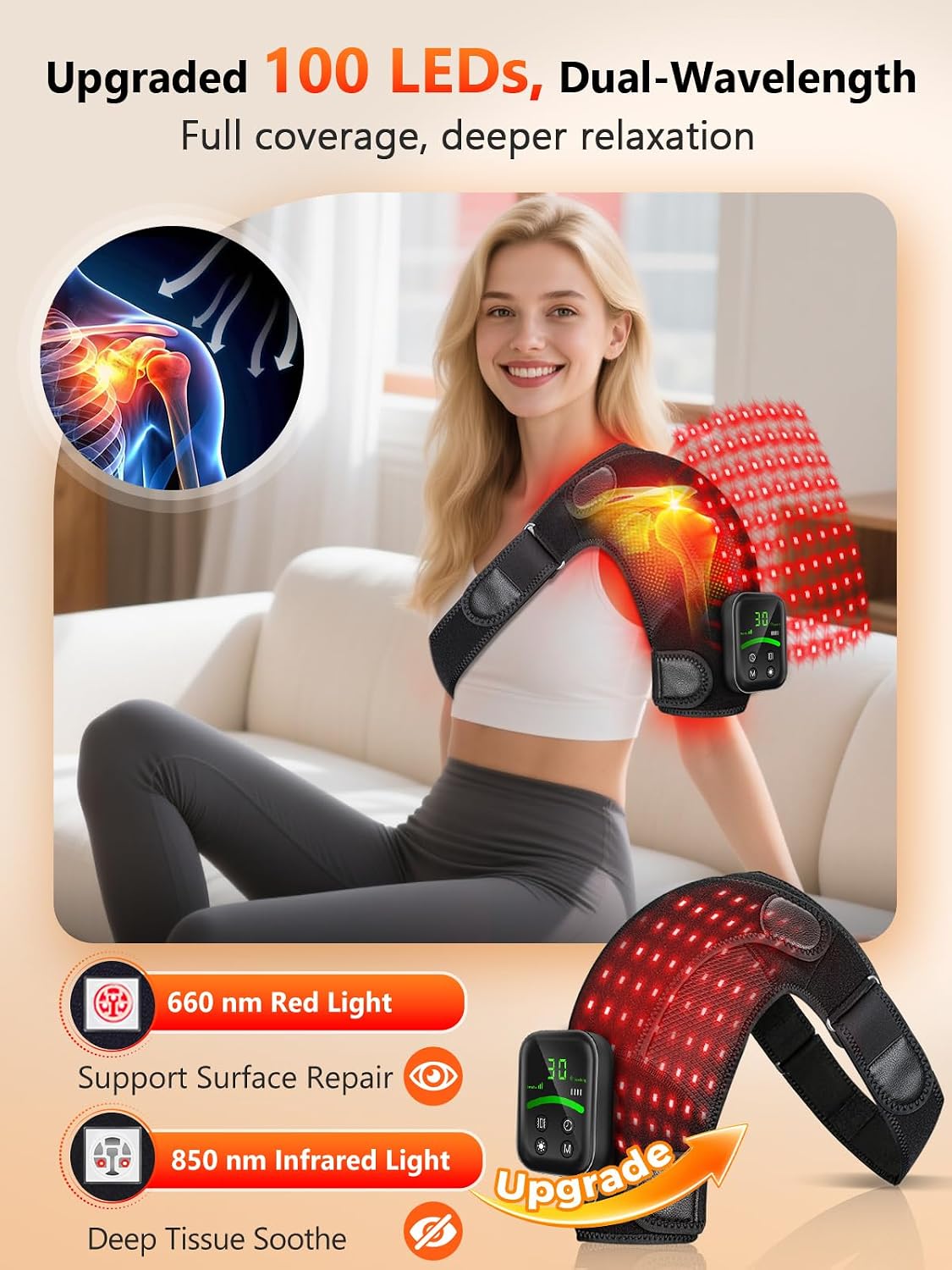 100 LEDs Red Light Therapy for Shoulder with Heat & Massage
