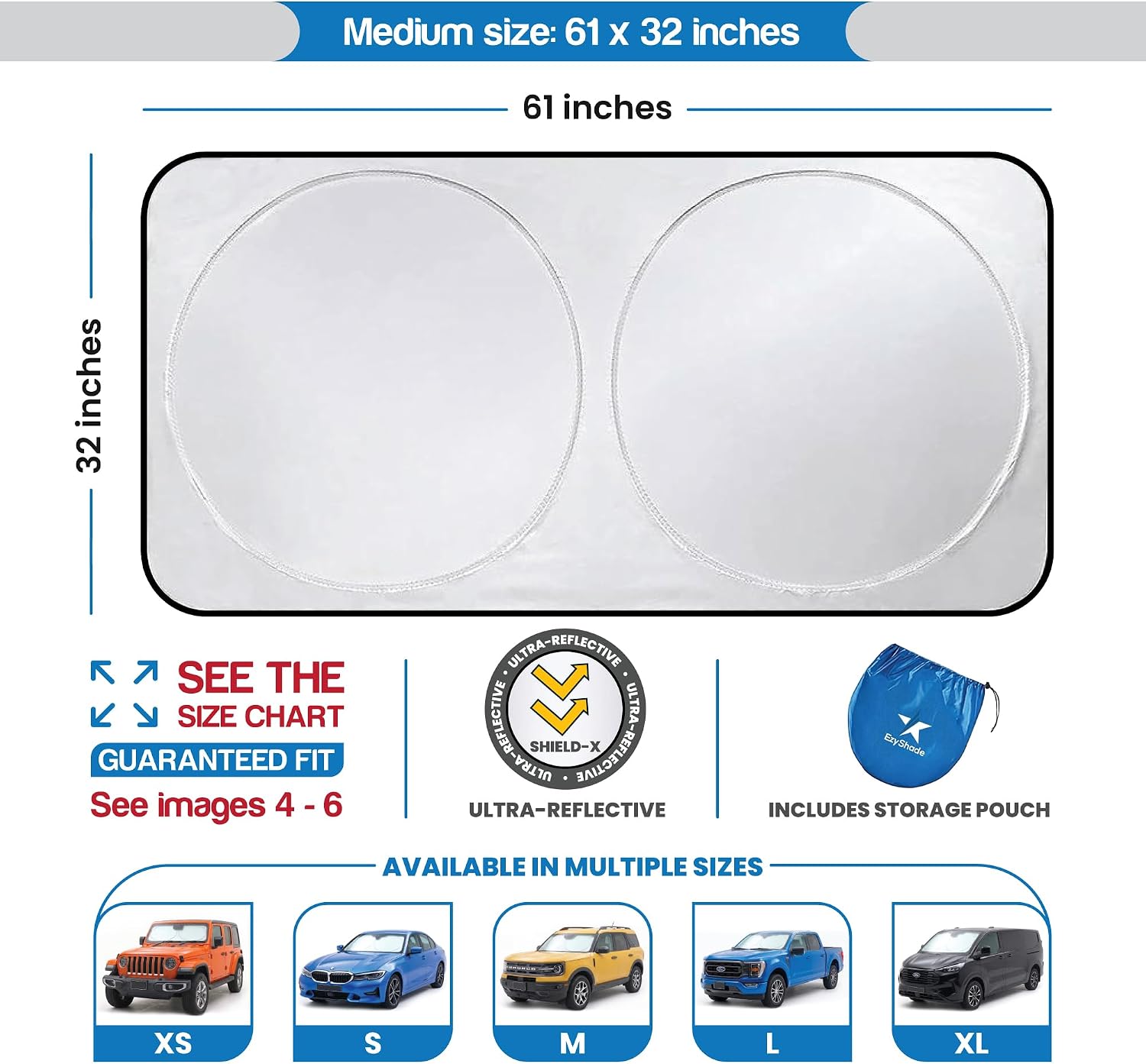 EzyShade Car Windshield Sun Shade. See Vehicle Size-Chart. Medium (M) Size