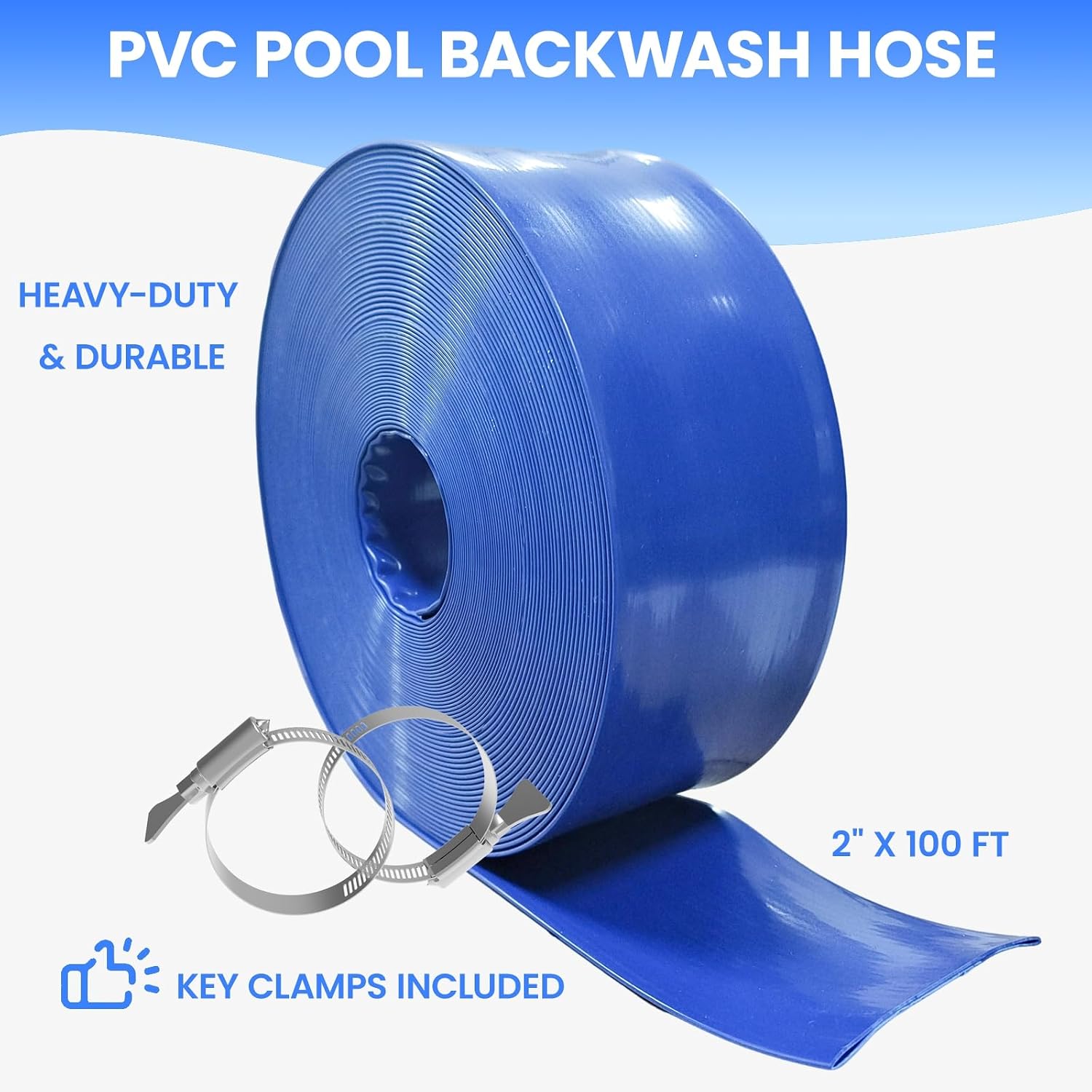 Poolvio Backwash Hose 2" x 100 ft, Blue Lay-Flat PVC Drain Hose with 2 Stainless Steel Thumb Screw Clamps, Tear-Resistant & Leak-Free for Swimming Pool Filter Cleaning, Flooded Area, Pond Draining