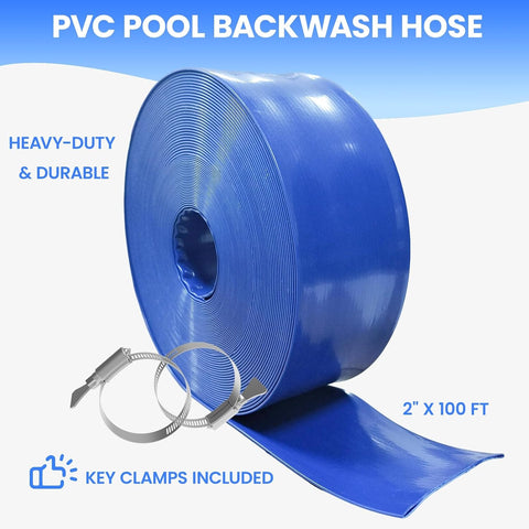 Poolvio Backwash Hose 2" x 100 ft, Blue Lay-Flat PVC Drain Hose with 2 Stainless Steel Thumb Screw Clamps, Tear-Resistant & Leak-Free for Swimming Pool Filter Cleaning, Flooded Area, Pond Draining