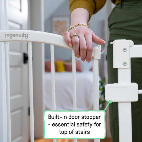 Ingenuity Extra Tall & Wide Safety Pet and Baby Gate, 29.5"-53" Wide, 38" Tall, Pressure or Hardware Mounted, Install on Wall or Banister in Doorway or Stairway, Auto Close Walk-Thru Door - White