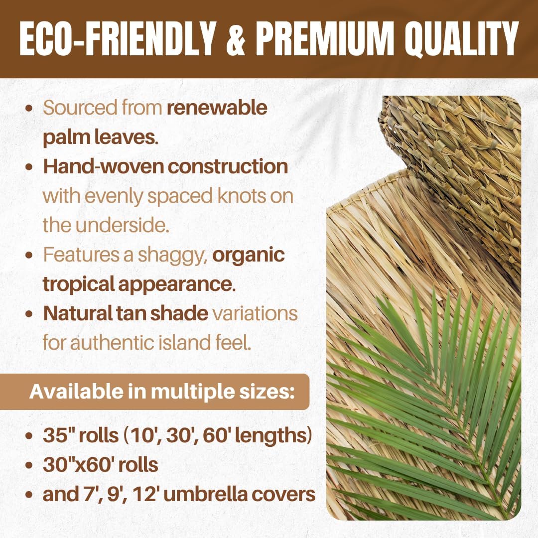 amaZulu Mexican Palm Thatch Roll 35" x 10ft — Natural Tiki Bar & Palapa Roofing, Duck Blind Grass, Patio Cover — Hand-Woven Real Straw, 29 sq ft Coverage — Starter Size, Trim to Size