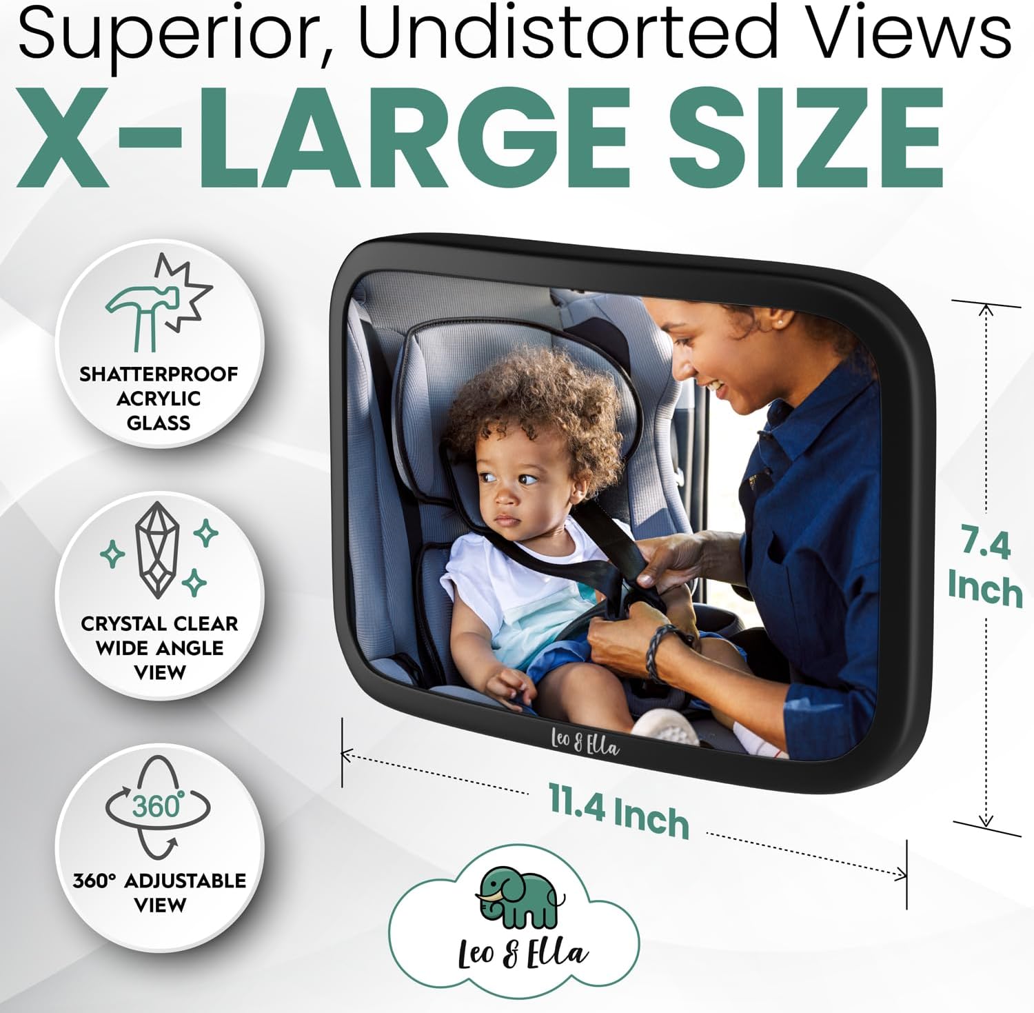 Leo&Ella Extra Large Car Mirror for Baby in Rear Facing Car Seat, Wide Crystal Clear View, 360° Adjustable Mount, Crash Tested and 100% Shatterproof, Fully Assembled