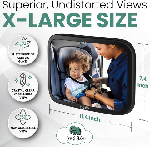 Leo&Ella Extra Large Car Mirror for Baby in Rear Facing Car Seat, Wide Crystal Clear View, 360° Adjustable Mount, Crash Tested and 100% Shatterproof, Fully Assembled