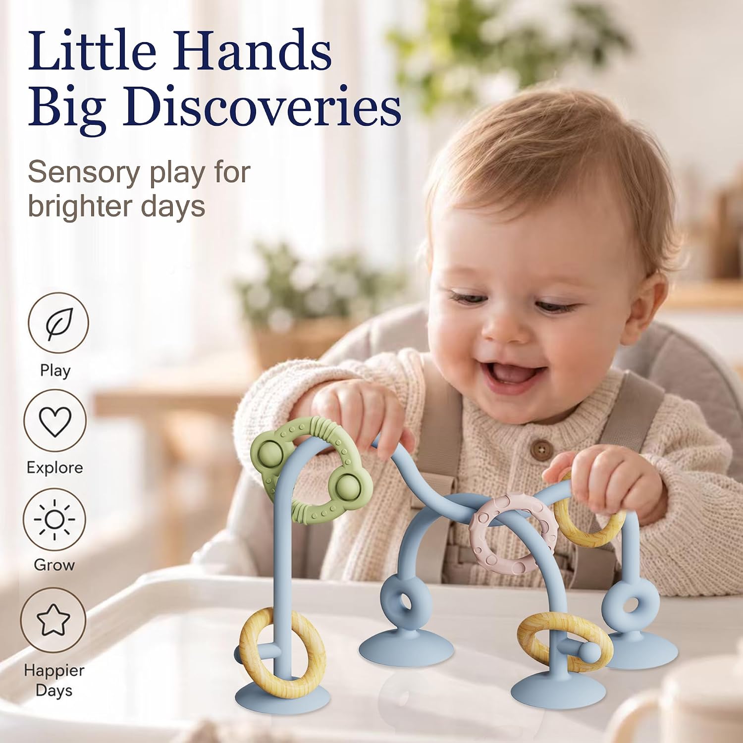 High Chair Suction Cup Toy & Teething Toy Set, Sensory Toy [Sky Blue]