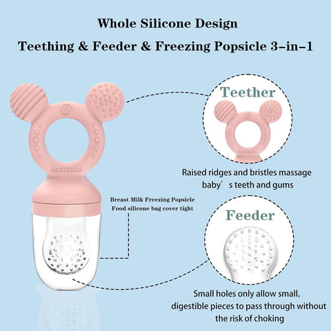 Baby Fruit Feeder, Frozen Teething Toys, Teether Pacifier with 3 Extra Teats, Infant Eating Essentials, BPA Free Baby Feeding Supplies (Pink)