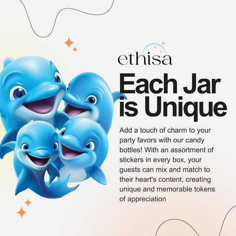 Ethisa Small 12 Pack Dolphin Party Favors - DIY Candy Jars with Ribbons and Stickers - Party Decoration Bottles for Birthday, School Classroom, and Baby Shower - Dolphin Table Centerpiece for Kids