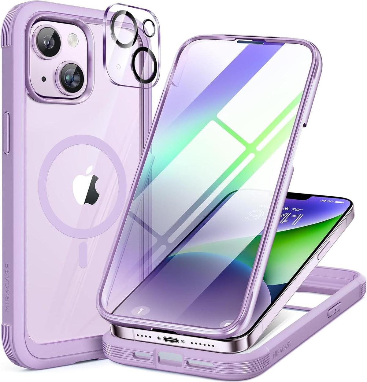 Miracase for iPhone 14 Case,Full-Body Bumper &Glass Screen Protector,Purple