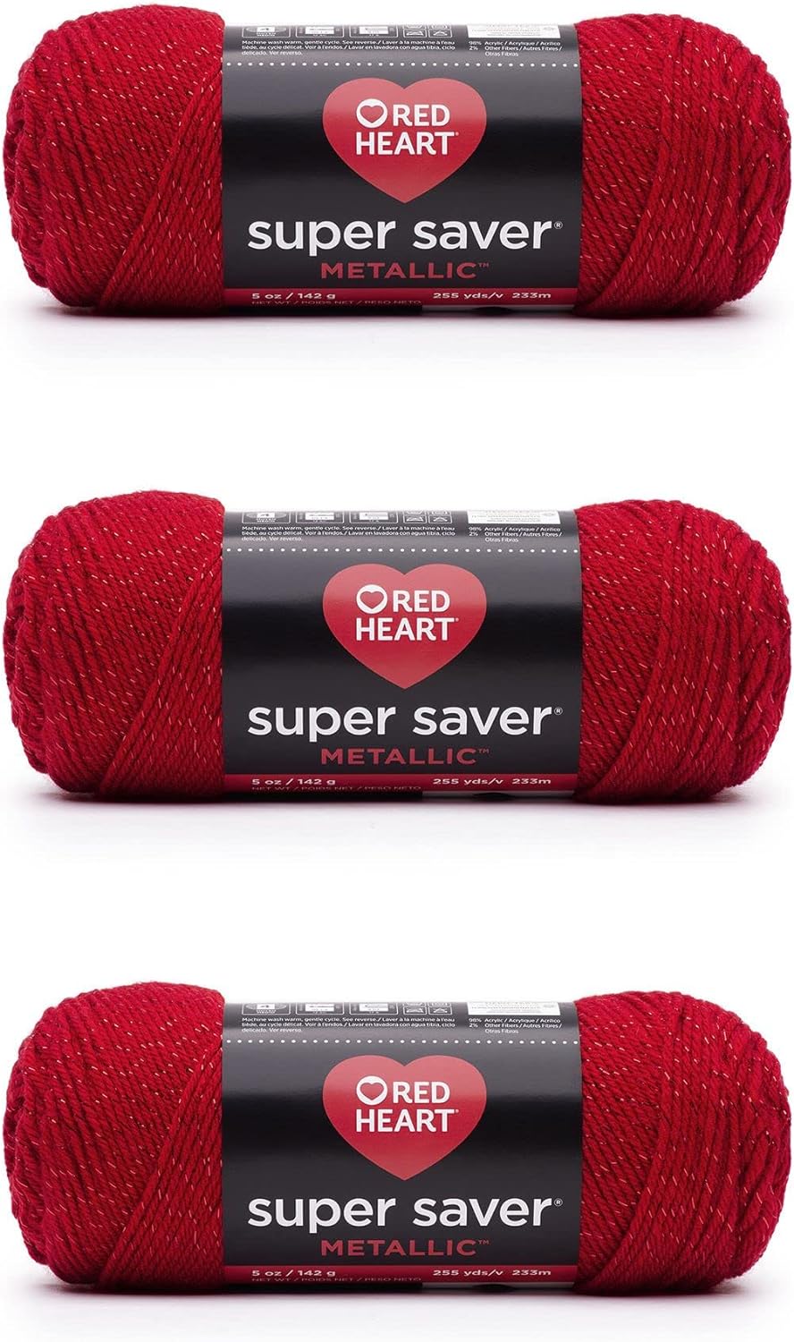 Red Heart Super Saver Metallic Yarn for Crocheting, Red, 3-Pack