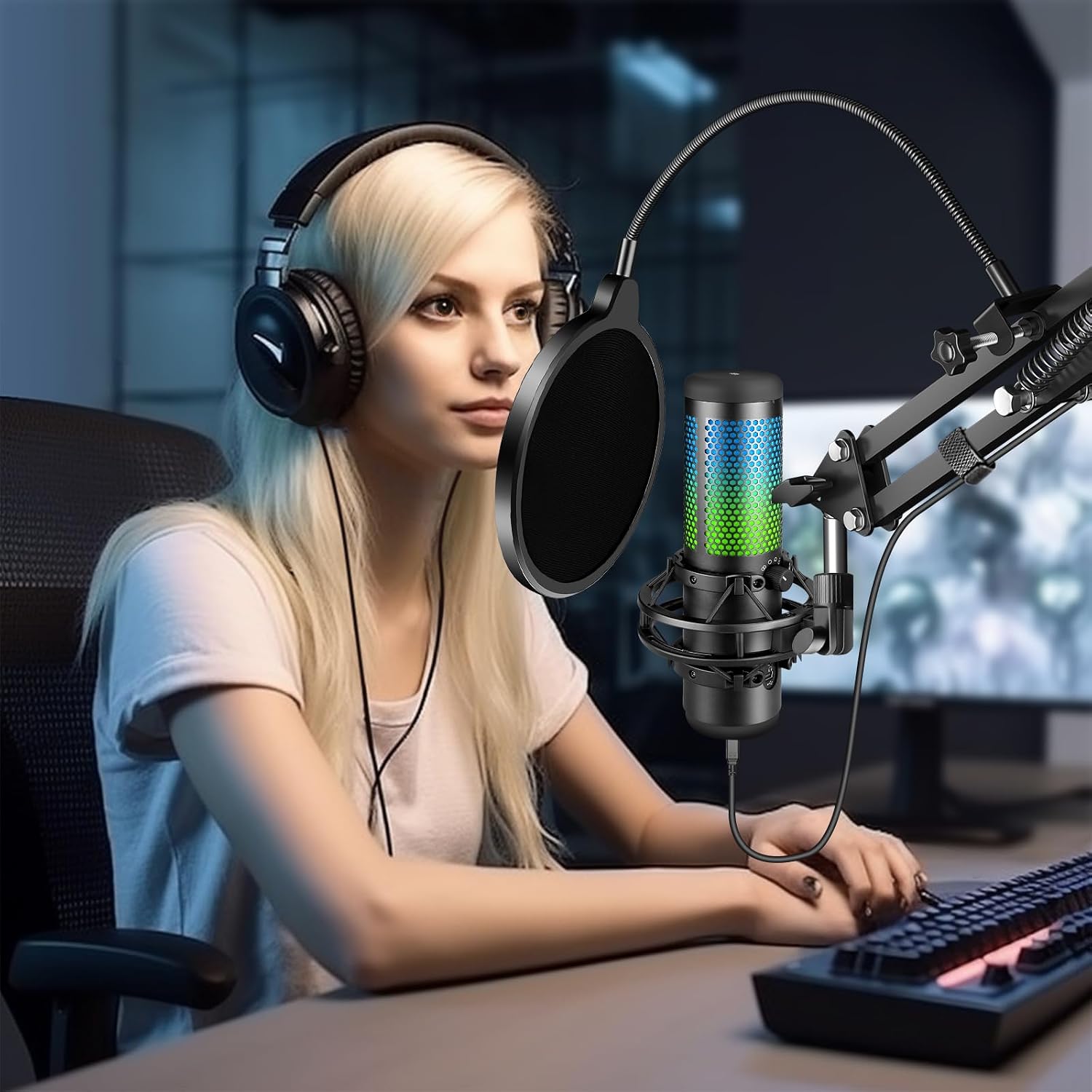 Aokeo Professional Microphone Pop Filter Mask Shield For Blue Yeti and Any Other Microphone,Mic Dual Layered Wind Pop Screen With Flexible 360° Gooseneck Clip Stabilizing Arm