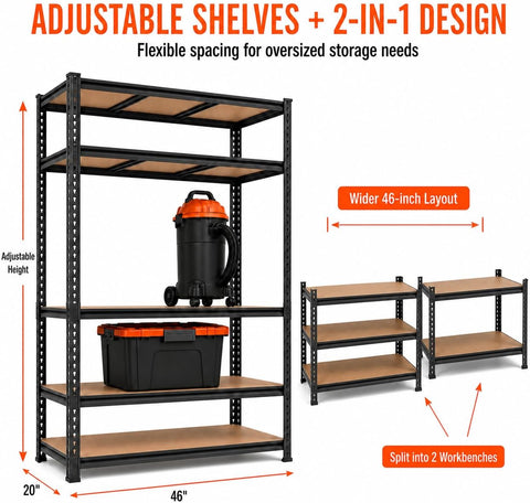 46 Inch Garage Shelving 2850 LBS, Heavy Duty 5-Tier Storage Rack