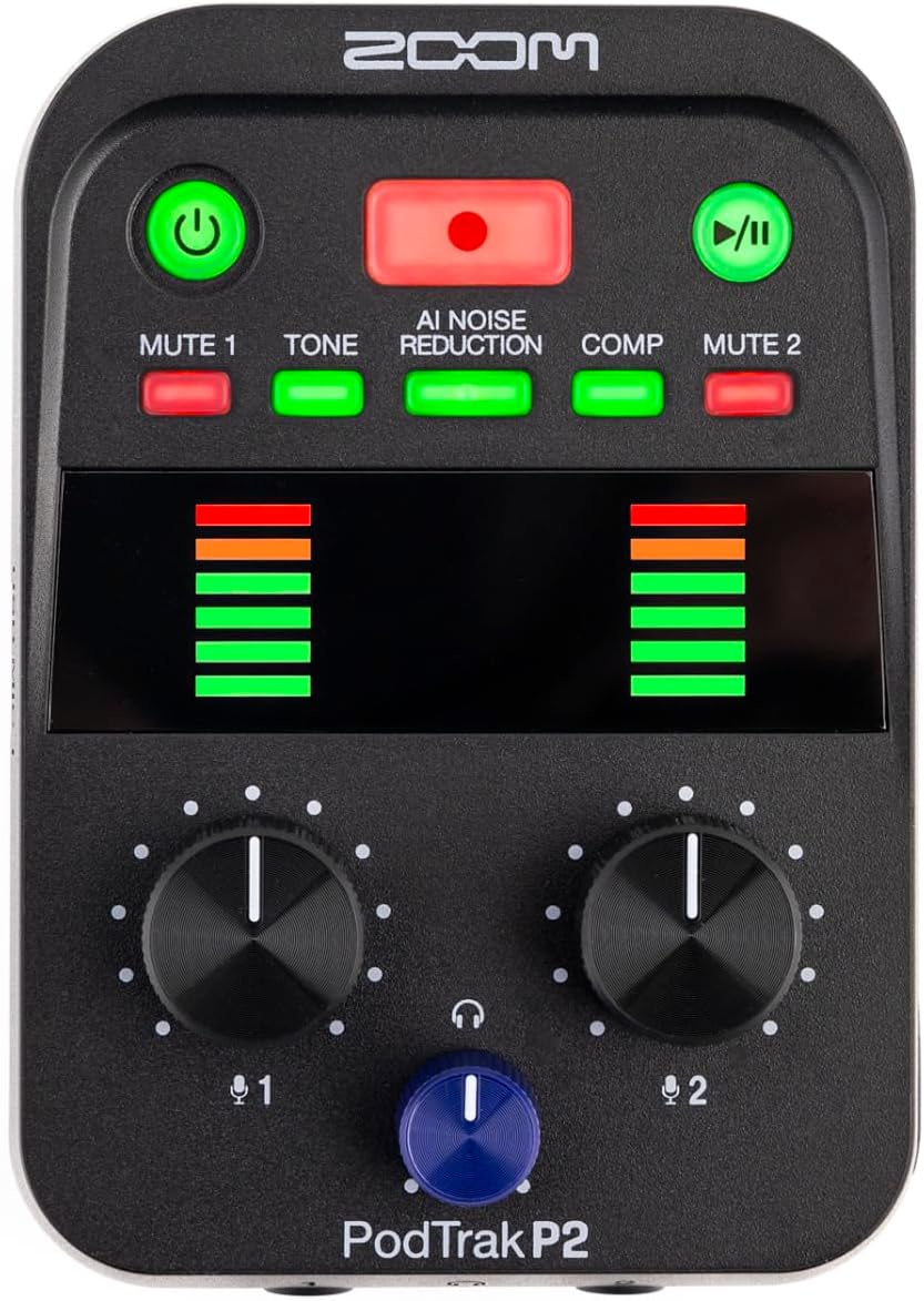 Zoom PodTrak P2 Podcast Recorder with 2 USB Mic Inputs & AI Noise Reduction