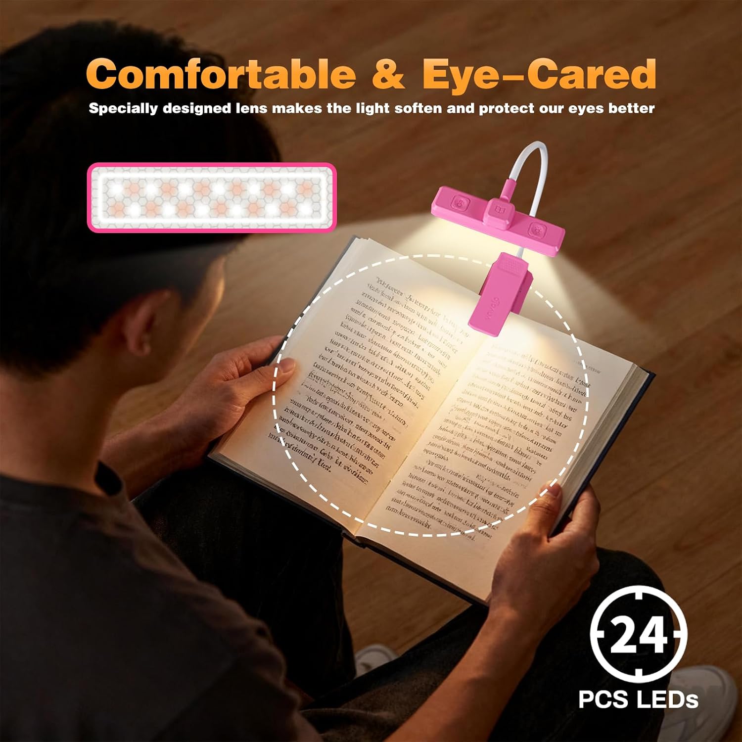 VAVOFO 24 LEDs Rotatable Book Light, Rechargeable Clip Reading Lamp, Rose