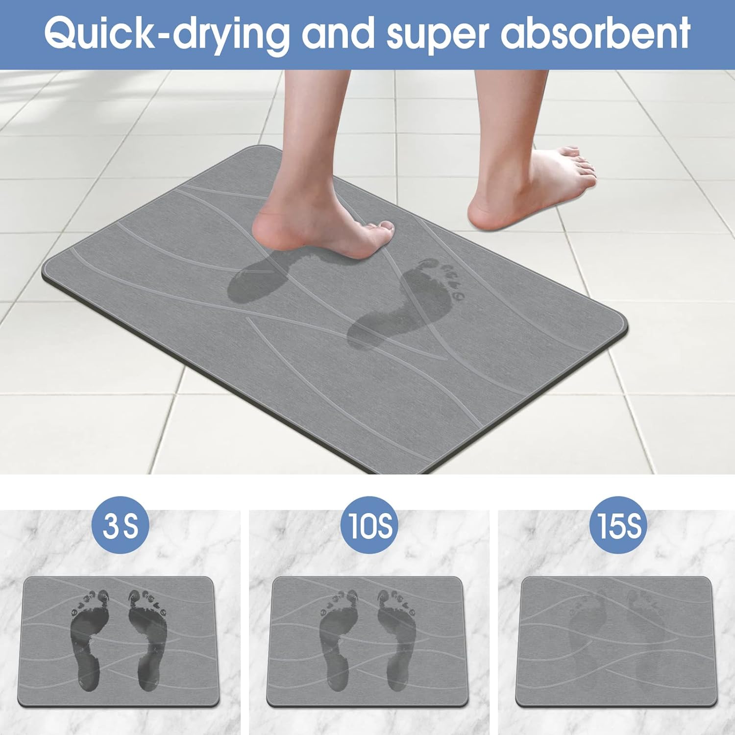 VEELOIM Stone Bath Mat Diatomaceous Earth Shower Mat Non-Slip Super Absorbent Diatomite Stone Bath Mats for Bathroom Floor Quick Drying Natural Easy to Clean(23.6''×15.4" Gray)