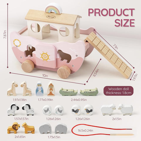 Joyreal Pink Wooden Noah's Ark Toy for 1 Year Old Baby Girl Baptism Gifts