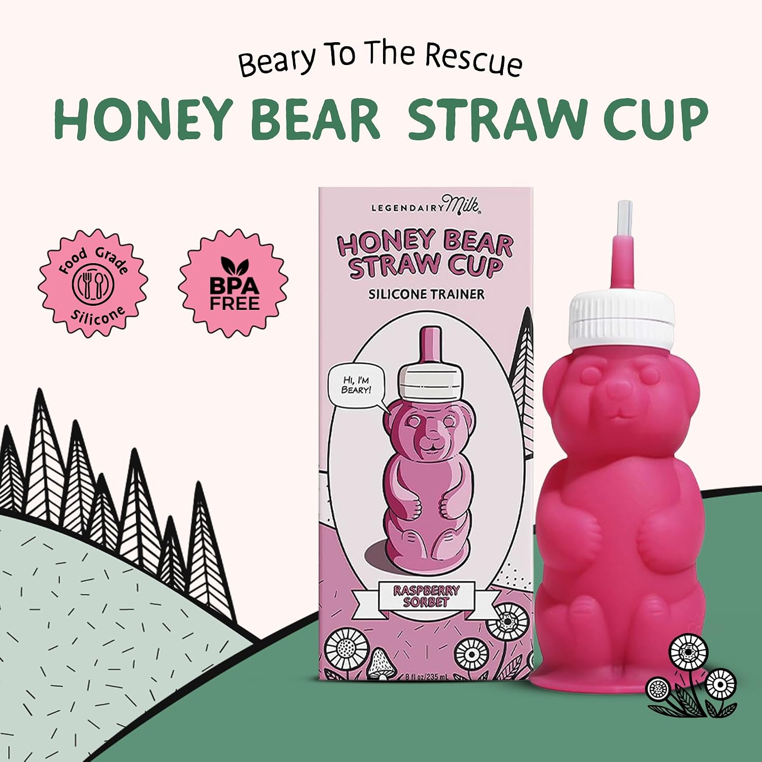 Legendairy Milk Honey Bear Straw Cup for Baby & Toddler, Silicone Squeeze Training Straw Cup, Leak Resistant Baby Sippy Cup with Straw, BPA Free, Dishwasher Safe, Bottle Transition, 8 oz, Pink