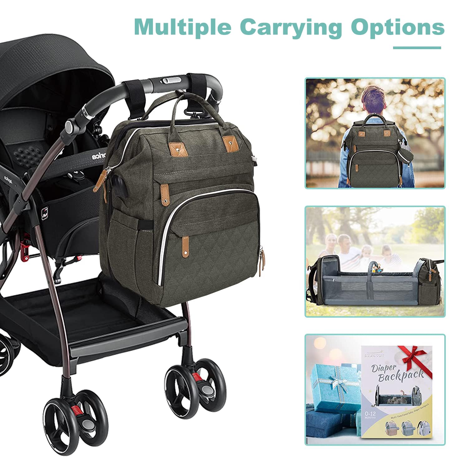 DERJUNSTAR Diaper Bag Backpack, Large Baby Bag with Changing Pad, Thick Padded Back & Straps, Laptop Compartment, Waterproof Travel Backpack with USB Port, Multi-Function for Mom & Dad, Army Green
