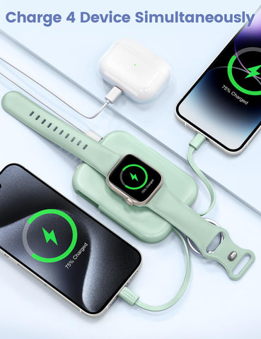 RORRY Portable Charger, 5000mAh Portable Charger Power Bank with Built-in Cables, Travel Keychain Battery Pack for Apple Watch Ultra 2/9/8/Ultra/7/6/SE/5, iPhone 16/15/14/13/12, Green
