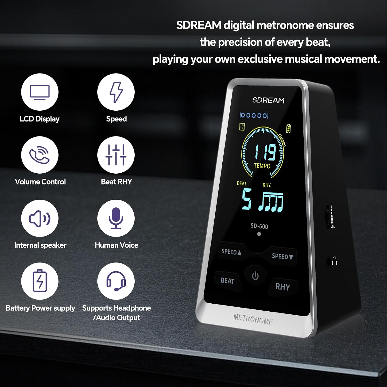 SDREAM Digital Metronome for Piano,Guitar,Violin,Rechargeable LCD Electronic Metronome with Human Voice,Professional Metronome for Beginners & Musicians,Instrument Volume & Beat Speed Adjustable