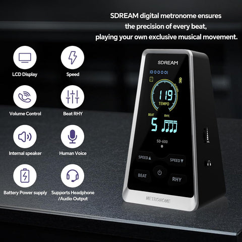 SDREAM Digital Metronome for Piano,Guitar,Violin,Rechargeable LCD Electronic Metronome with Human Voice,Professional Metronome for Beginners & Musicians,Instrument Volume & Beat Speed Adjustable