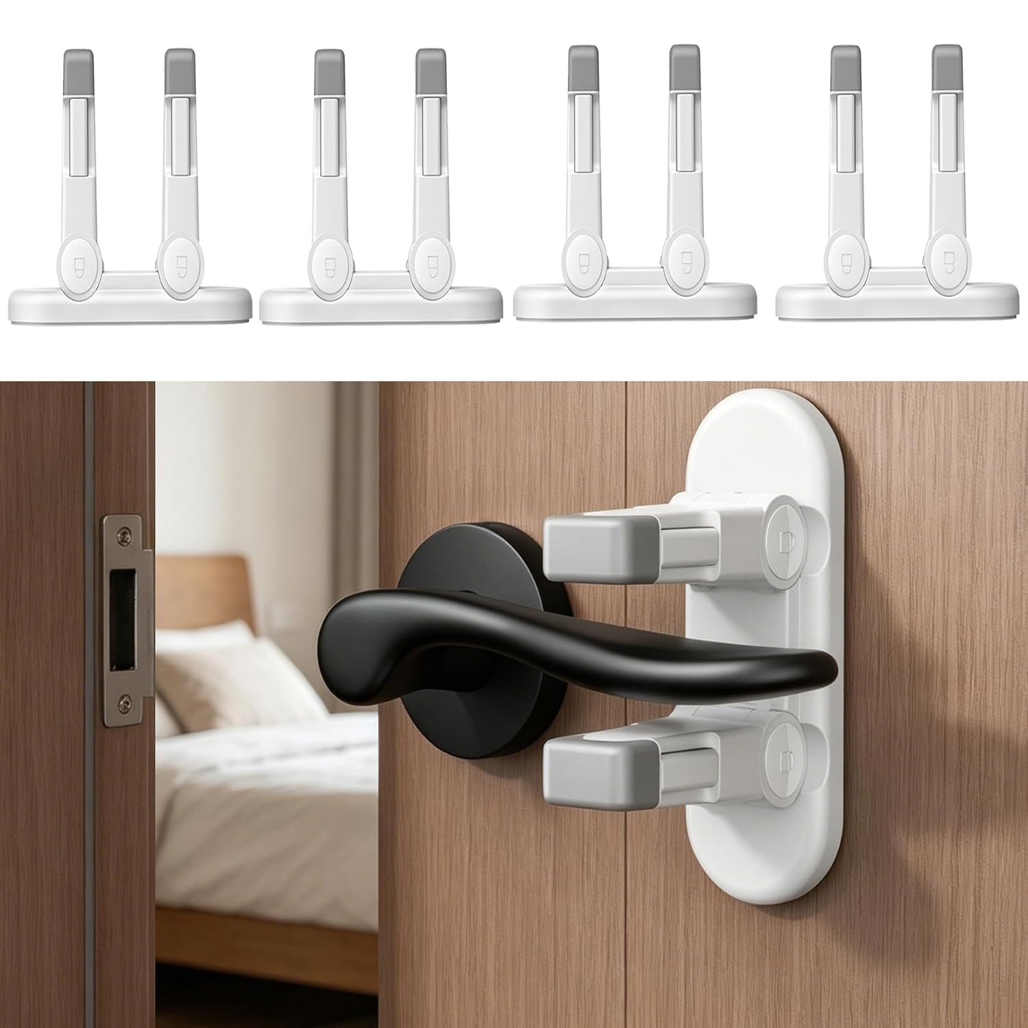 4 Pack Snap-On Door Lever Locks, Child Safety Door Handle Stopper for Baby, Autism Kids-Dual Lock System, No Tools Required Without Drilling (White-4Pack)