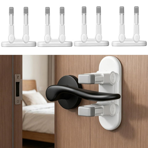 4 Pack Snap-On Door Lever Locks, Child Safety Door Handle Stopper for Baby, Autism Kids-Dual Lock System, No Tools Required Without Drilling (White-4Pack)