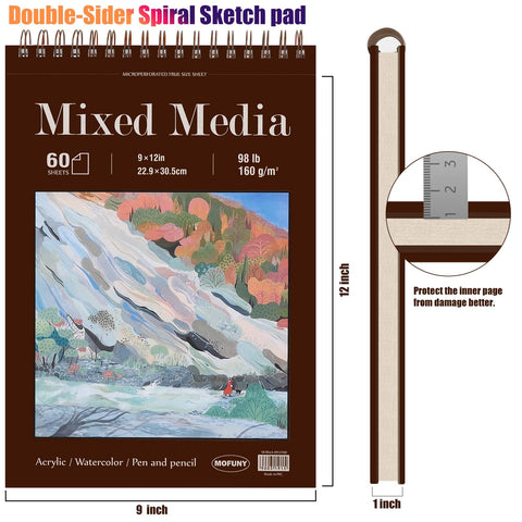 Mixed Media Sketchbook 9" x 12", 60 Sheets Each (98lb/160gsm), 2 Pack, Heavyweight Drawing Papers, Top Spiral Bound Hardcover Sketchbook, for Wet and Dry Media, Drawing, Painting