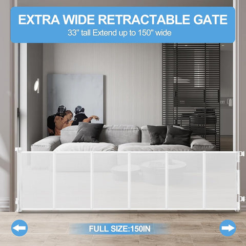 Veraste 150" Reinforced Retractable Baby Gate, 33" H for Doorways, White